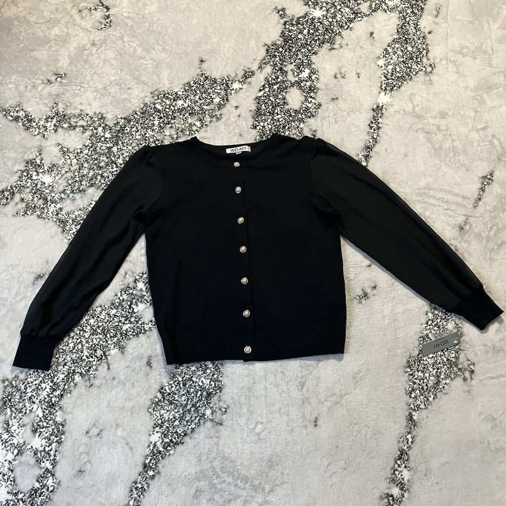WD NY Sweater Womens Size Medium Black Button Up Sheer Sleeves Knit Cardigan
